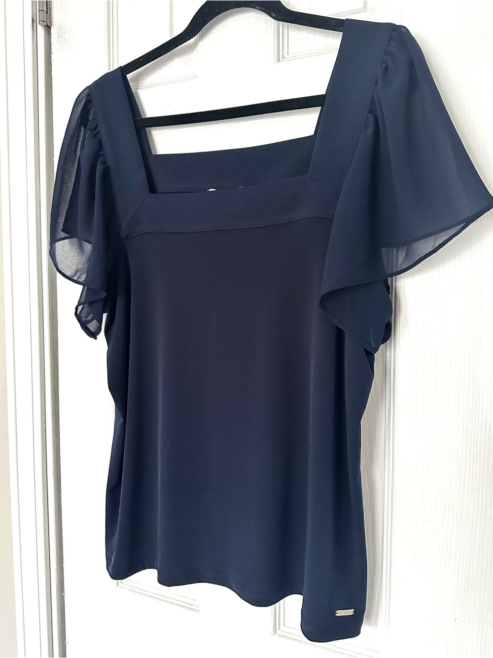 Calvin Klein Women’s Large (L) Navy Square-Neck Sheer Flutter Sleeve Blouse Navy